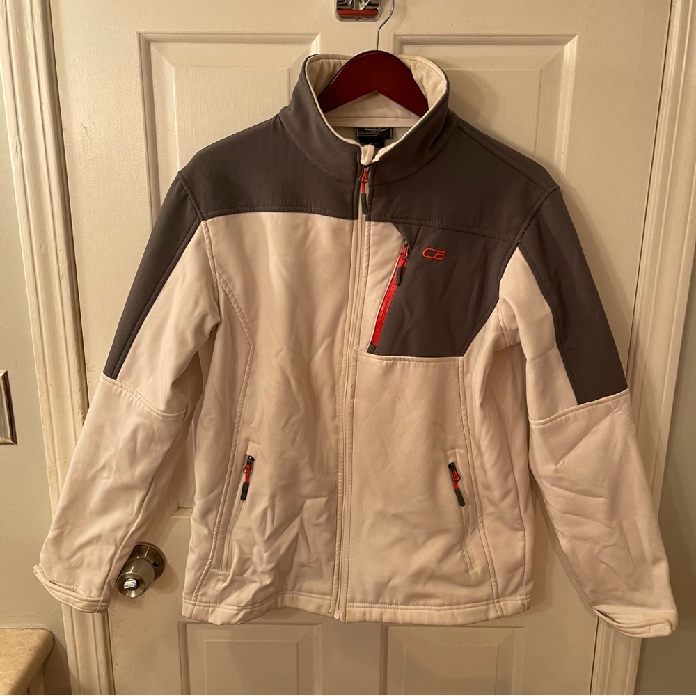 GREAT CONDITION white and grey CB zip up fleece jacket w/ water resistant outer.